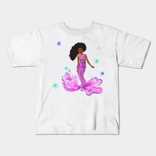 Mermaid - Coco the Magical rainbow mermaid with brown eyes, flowing Afro hair and caramel brown skin - light background Kids T-Shirt